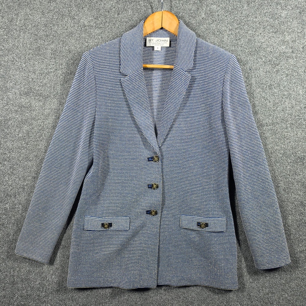 Vintage St John Marie Gray Blazer Womens 8 Paper Stitch Knit Made in USA Jacket